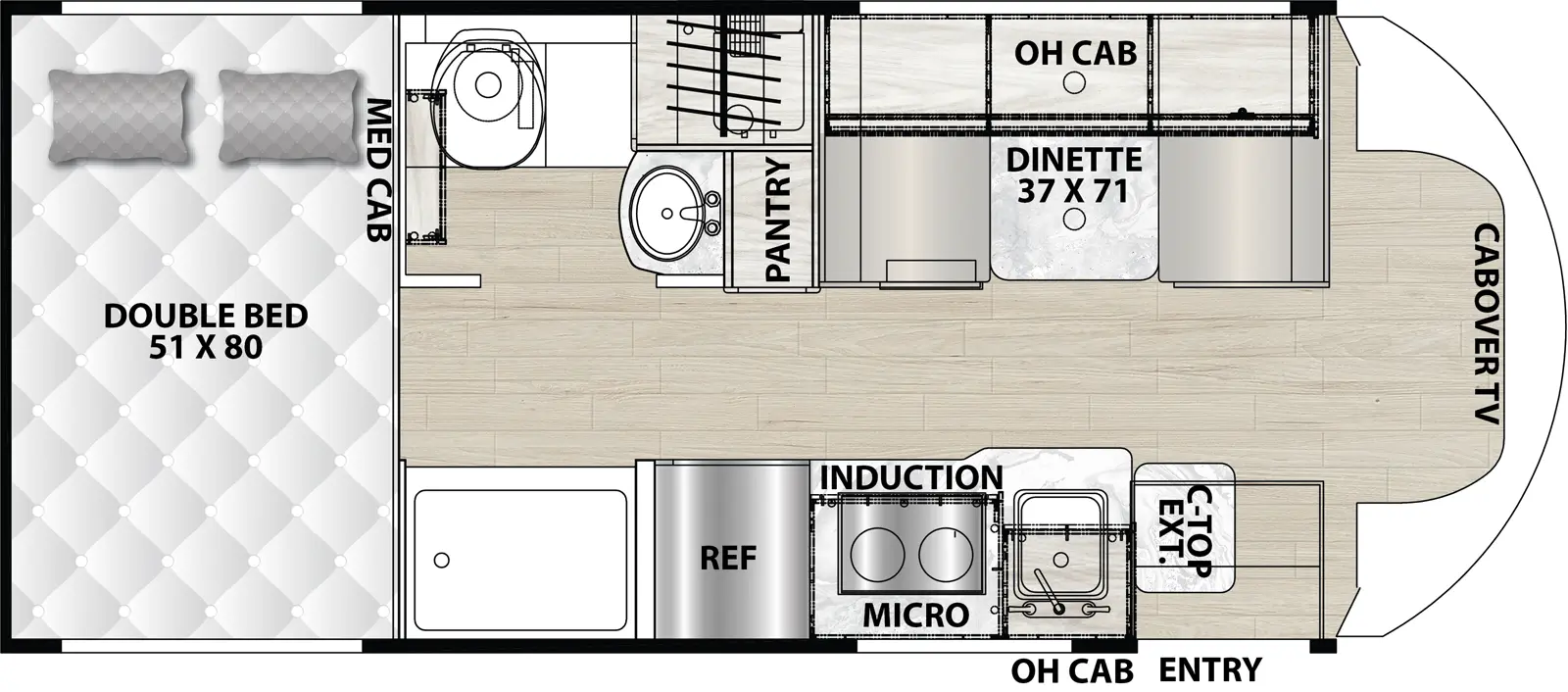 The Cross Trail 20XG has zero slideouts and one entry. Interior layout front to back: front cab over TV; door side entry, kitchen counter with countertop extension, sink, induction cooktop, overhead cabinet, microwave, refrigerator, and shower; off-door side dinette with overhead cabinet, pantry, and off-door side bathroom with toilet, sink, and medicine cabinet only; rear side-facing double bed.